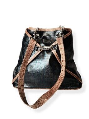 BSwanky Sophie Black Tan Croc Embossed Leather Artisan Convertible Bag Backpack